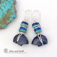 Zuni Bear Lapis & Turquoise Earrings - Southwestern Style Jewelry