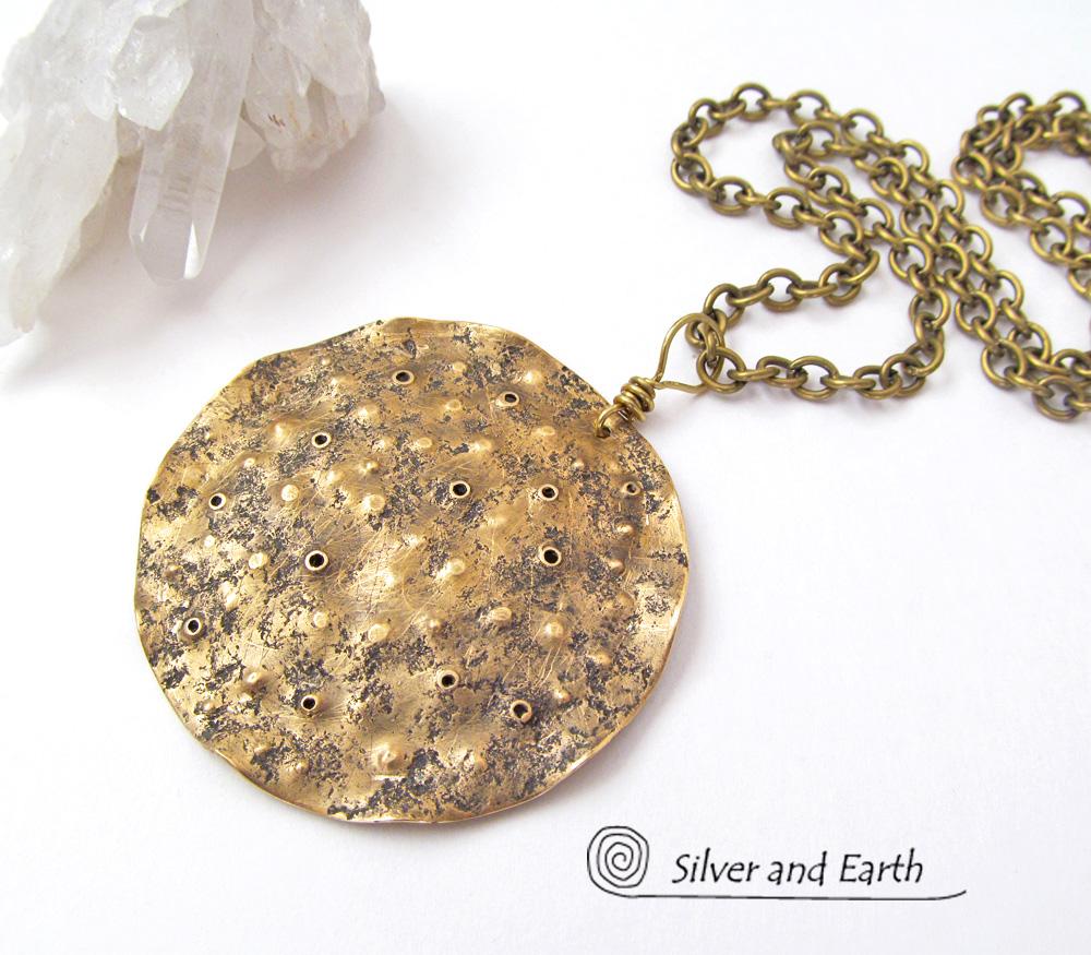 Gold Brass Medallion Pendant Necklace with Hammered Organic Texture