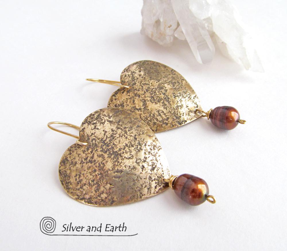 Gold Brass Heart Earrings with Bronze Pearls- Romantic Jewelry Gift for Her