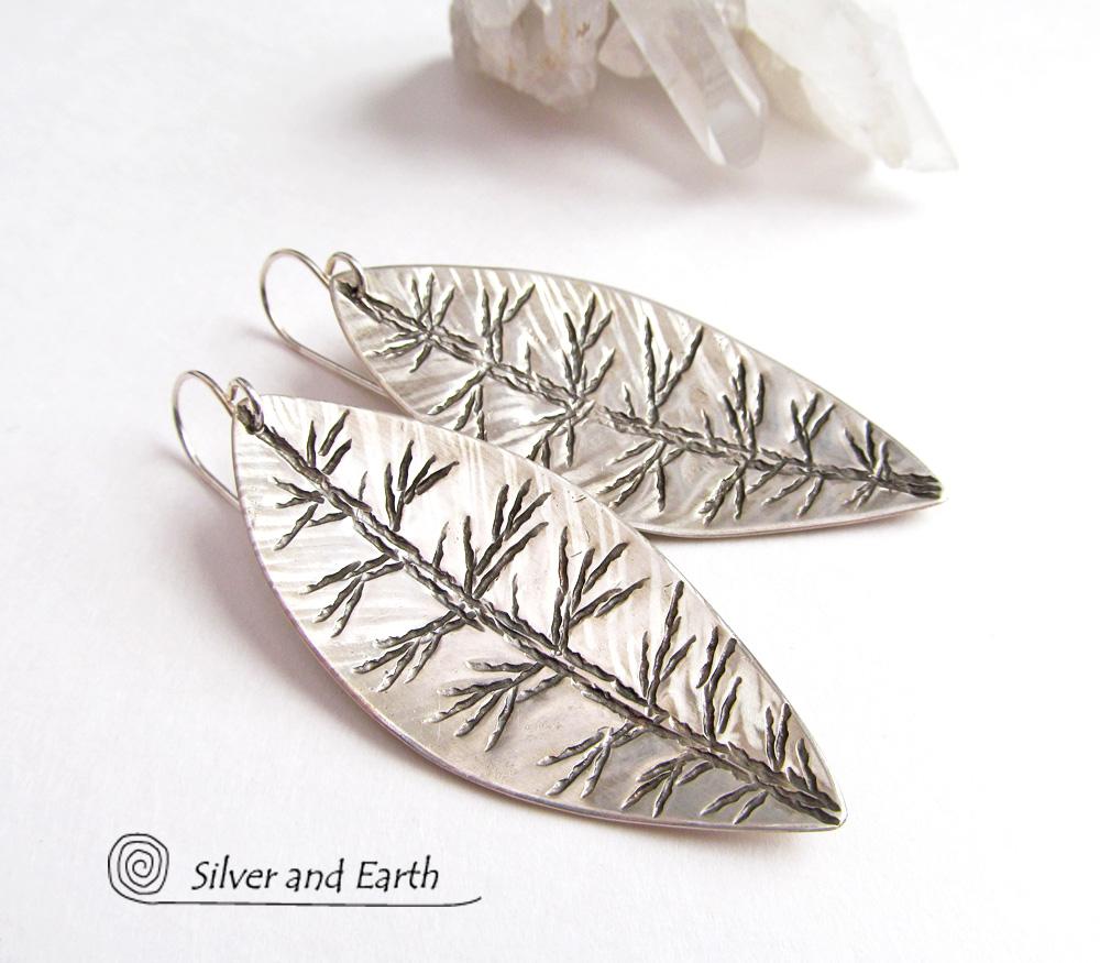 Sterling Silver Leaf Earrings - Modern Contemporary Nature Jewelry