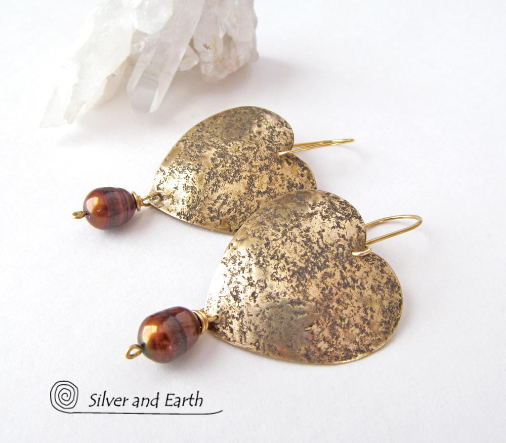 Gold Brass Heart Earrings with Bronze Pearls- Romantic Jewelry Gift for Her