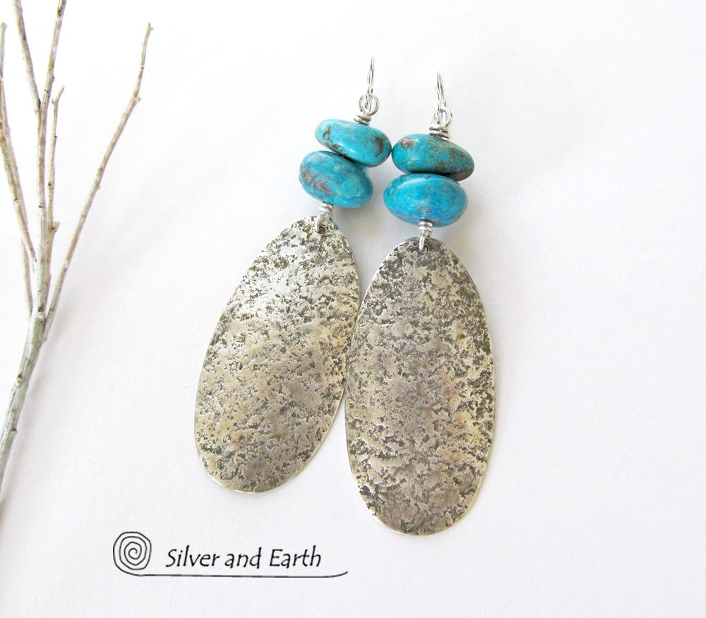Big Long Sterling Silver & Turquoise Earrings - Artisan Sterling Silver Jewelry