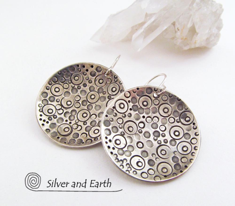 Sterling Silver Dangle Earrings with Intricate Hand Stamped Design