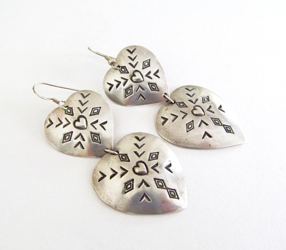 Large Sterling Silver Heart Concho Earrings - Vintage Southwestern Jewelry