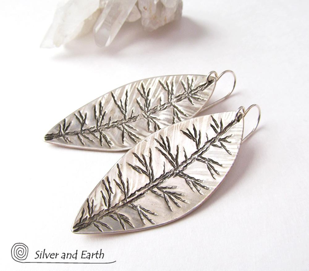 Sterling Silver Leaf Earrings - Modern Contemporary Nature Jewelry