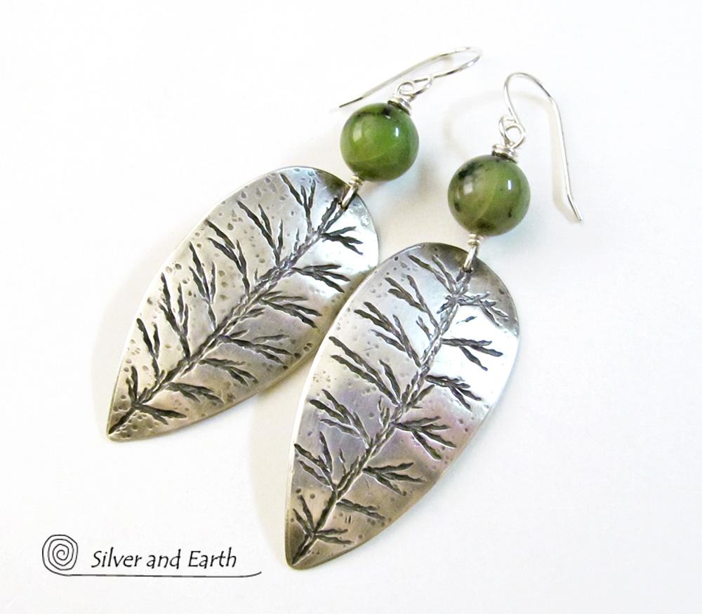 Sterling Silver Leaf Earrings with Green Jade Stones - Earthy Nature Jewelry