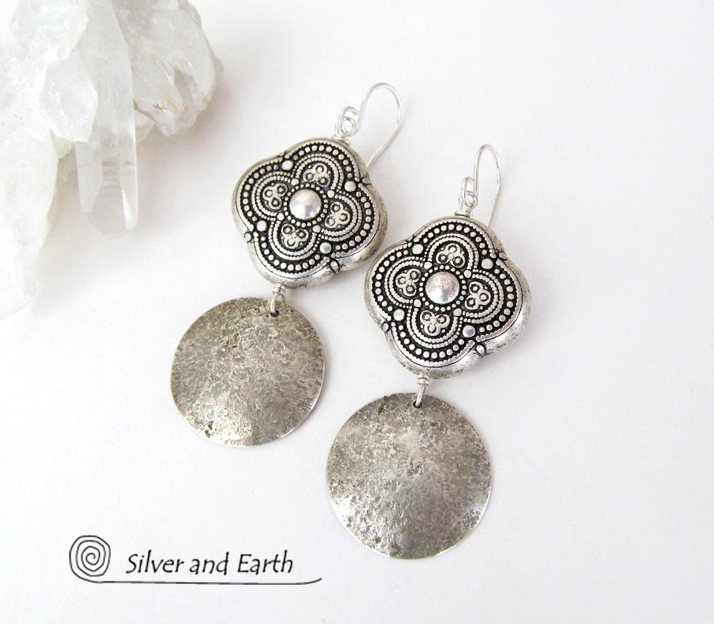 Sterling Silver Dangle Earrings with Moroccan Style Beads - Ornate Exotic Silver Jewelry