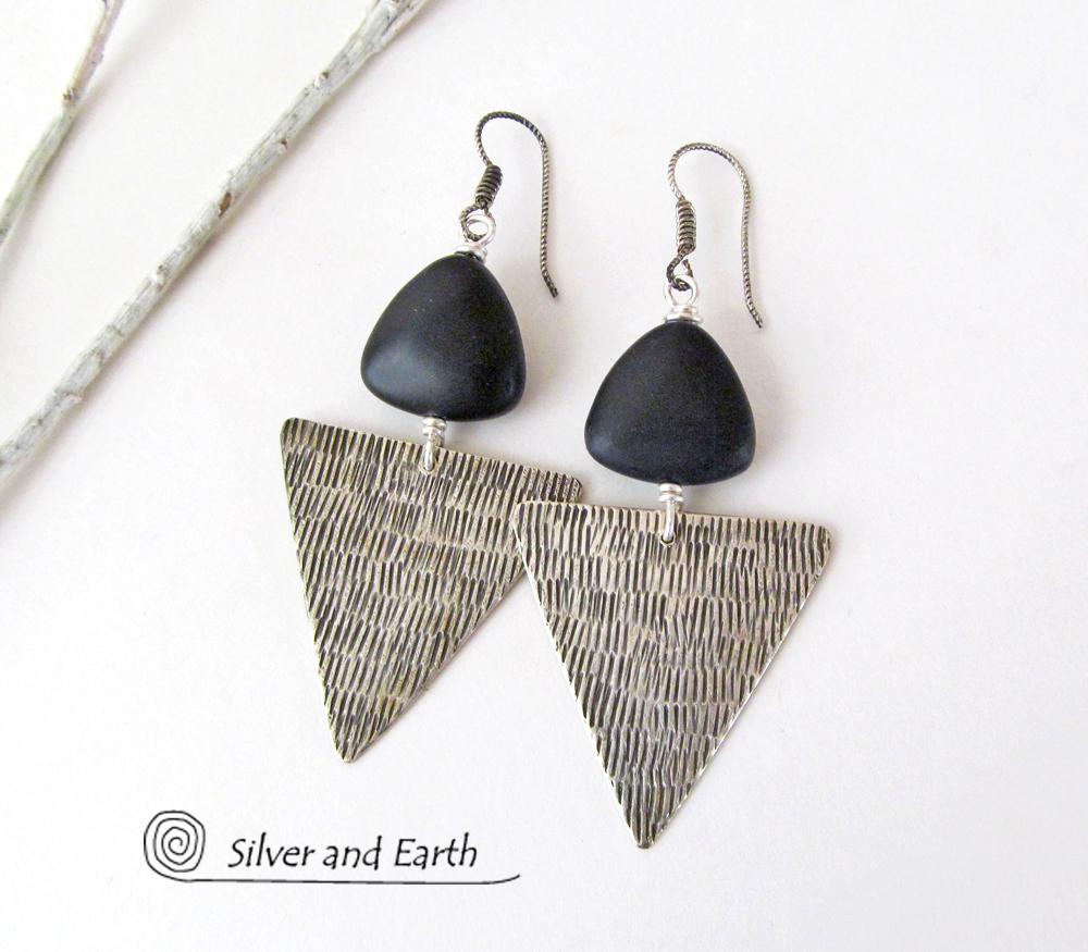 Sterling Silver Triangle Earrings with Black Onyx - Modern Silver Jewelry