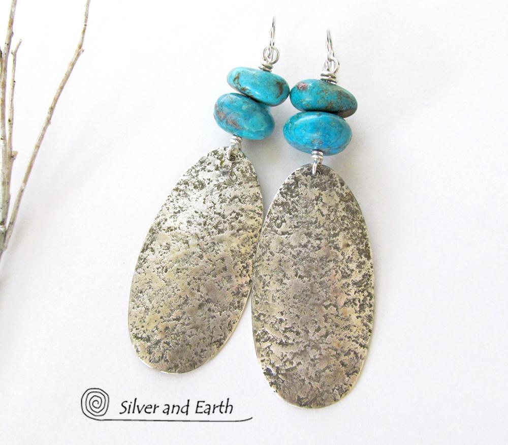 Big Long Sterling Silver & Turquoise Earrings - Artisan Sterling Silver Jewelry