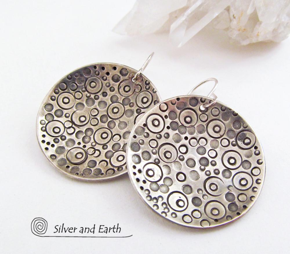 Sterling Silver Dangle Earrings with Intricate Hand Stamped Design