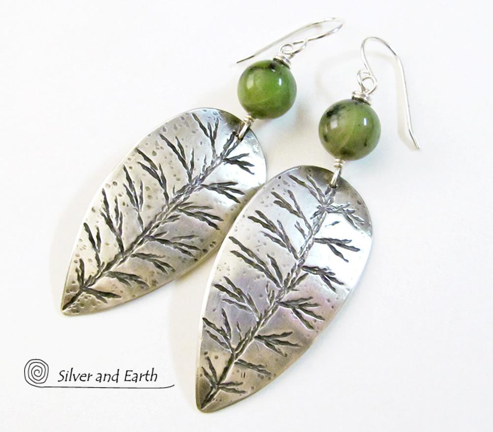 Sterling Silver Leaf Earrings with Green Jade Stones - Earthy Nature Jewelry