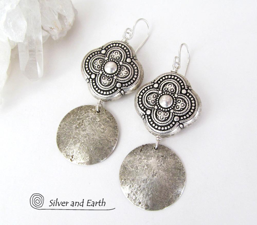 Sterling Silver Dangle Earrings with Moroccan Style Beads - Ornate Exotic Silver Jewelry