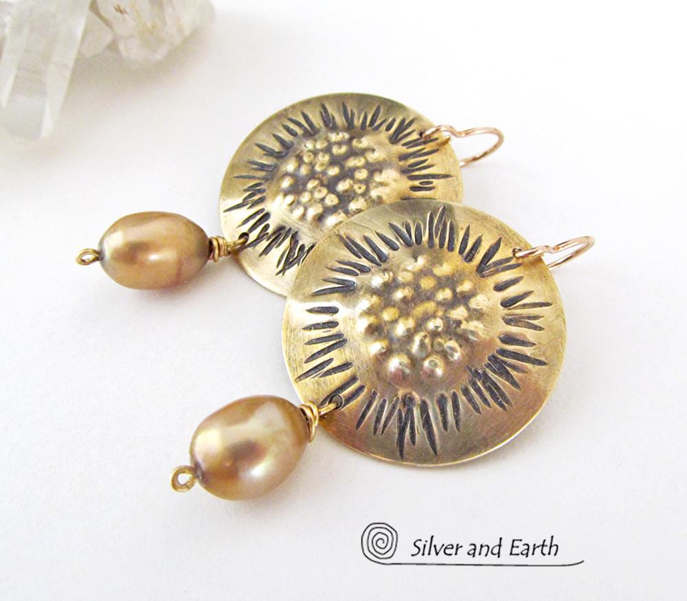Gold Brass Earrings with Sculptural Texture & Gold Pearls - Unique Jewelry