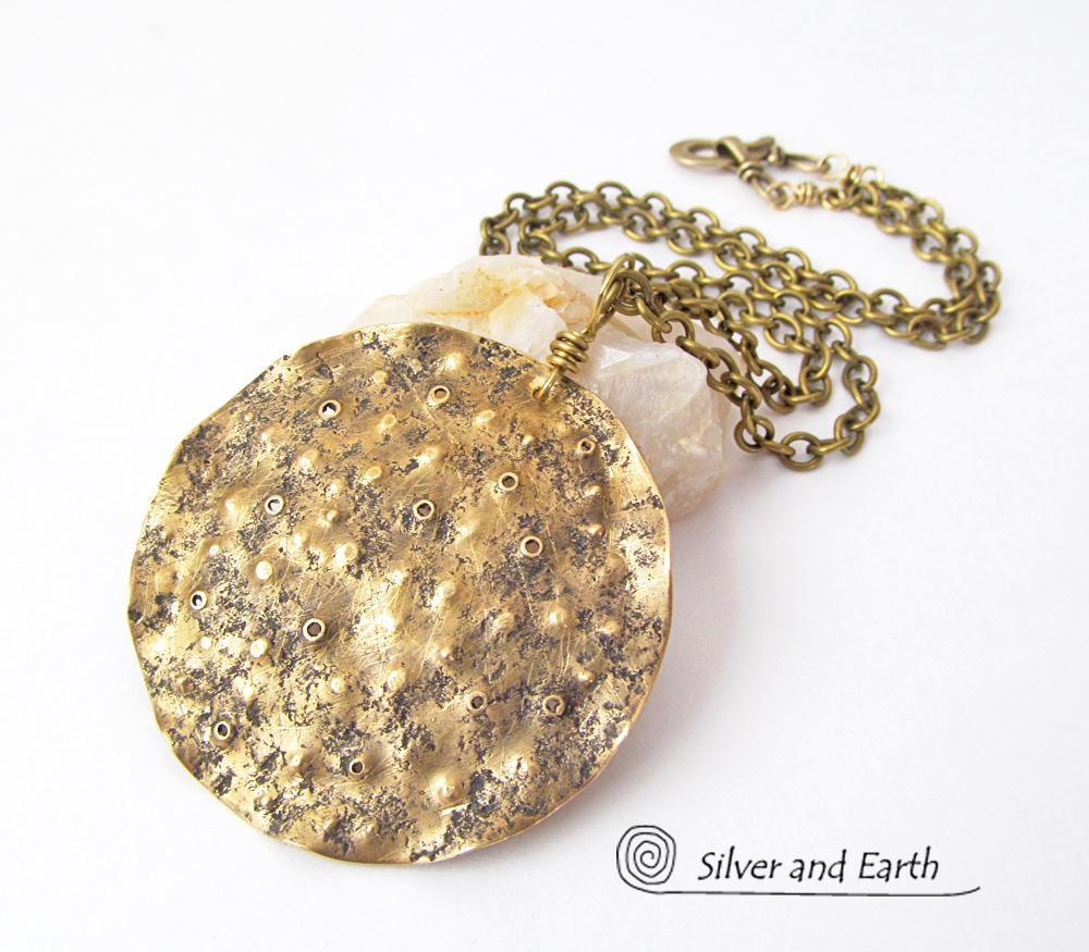 Gold Brass Medallion Pendant Necklace with Hammered Organic Texture