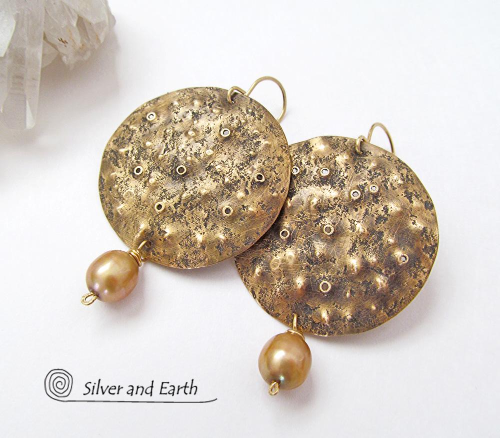 Large Gold Brass Earrings with Pearl Dangles - Earthy Organic Modern Jewelry