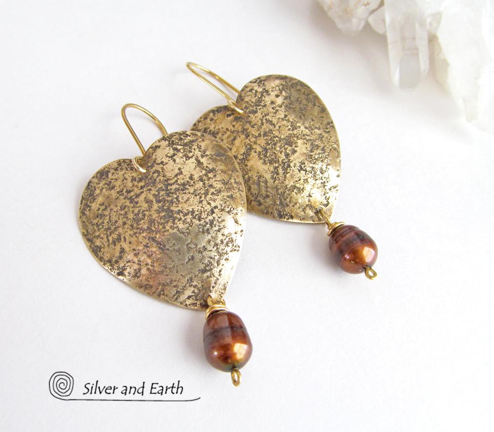 Gold Brass Heart Earrings with Bronze Pearls- Romantic Jewelry Gift for Her