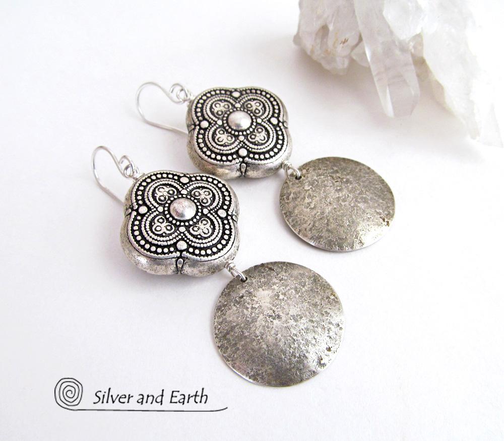 Sterling Silver Dangle Earrings with Moroccan Style Beads - Ornate Exotic Silver Jewelry