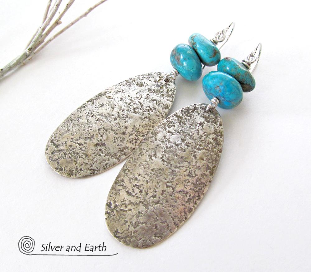 Big Long Sterling Silver & Turquoise Earrings - Artisan Sterling Silver Jewelry