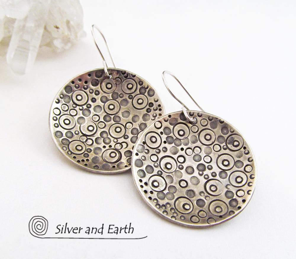 Sterling Silver Dangle Earrings with Intricate Hand Stamped Design