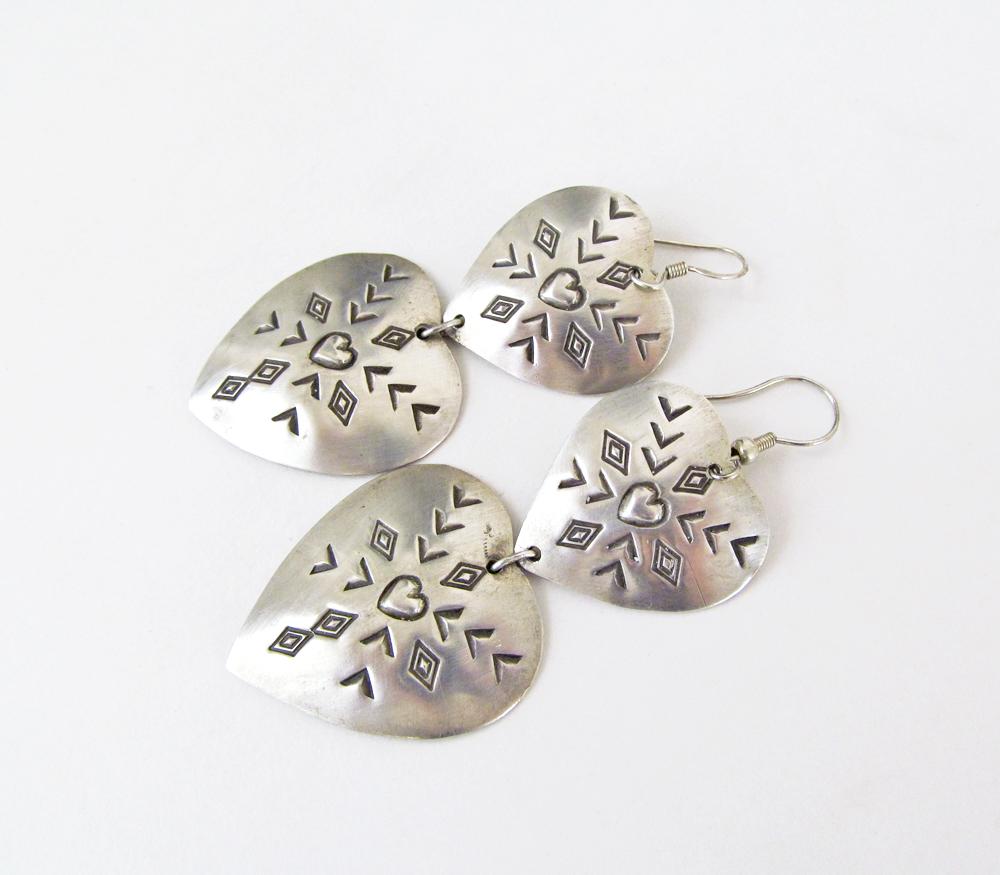 Large Sterling Silver Heart Concho Earrings - Vintage Southwestern Jewelry