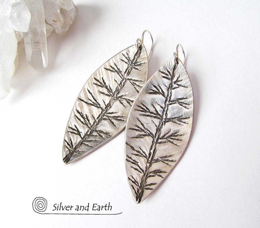 Sterling Silver Leaf Earrings - Modern Contemporary Nature Jewelry