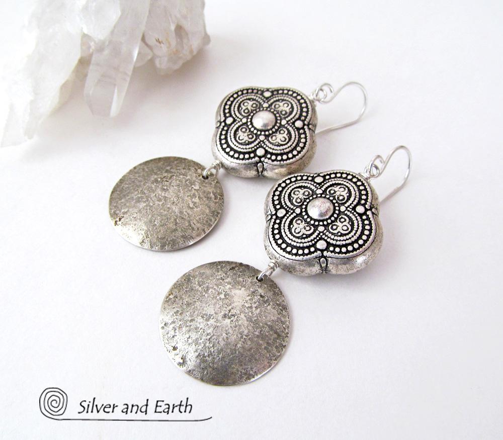 Sterling Silver Dangle Earrings with Moroccan Style Beads - Ornate Exotic Silver Jewelry