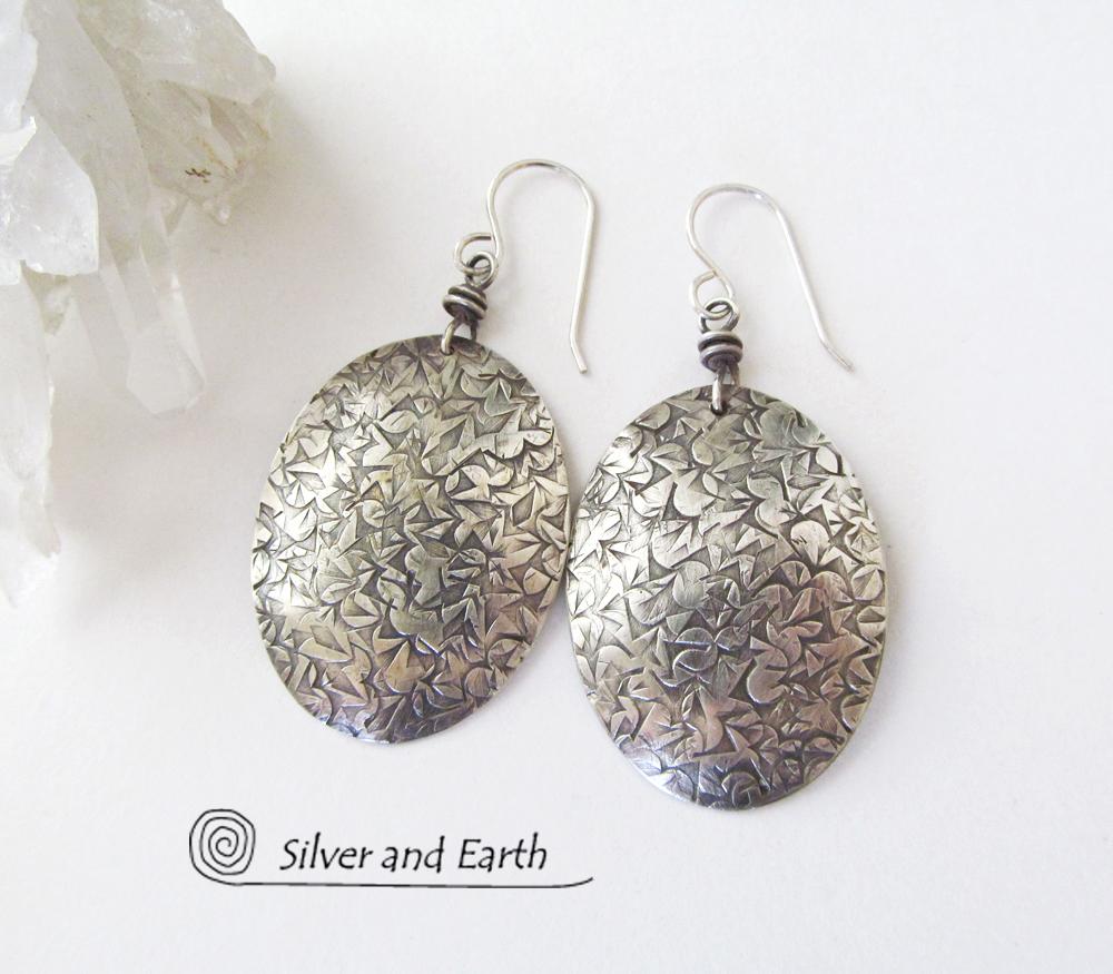 Sterling Silver Oval Dangle Earrings with Intricate Hand Stamped Texture