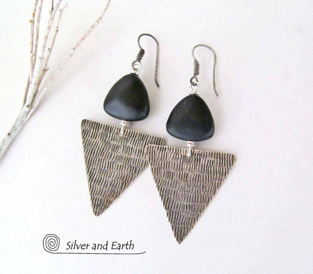 Sterling Silver Triangle Earrings with Black Onyx - Modern Silver Jewelry
