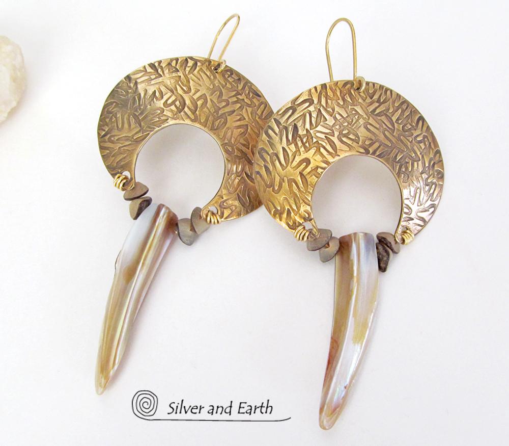 Large Gold Brass Earrings with Mother of Pearl Spikes - Bold Exotic Jewelry