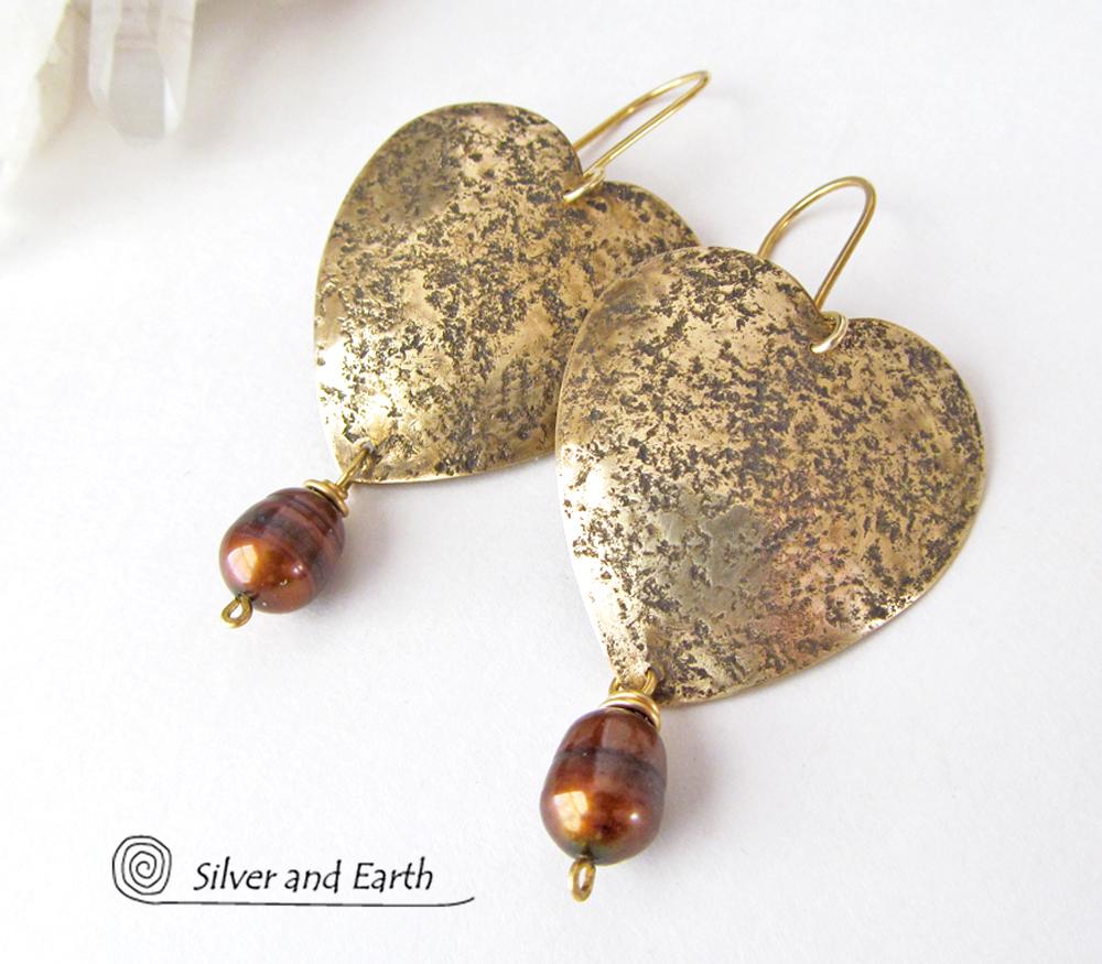 Gold Brass Heart Earrings with Bronze Pearls- Romantic Jewelry Gift for Her
