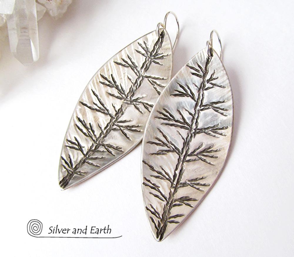 Sterling Silver Leaf Earrings - Modern Contemporary Nature Jewelry