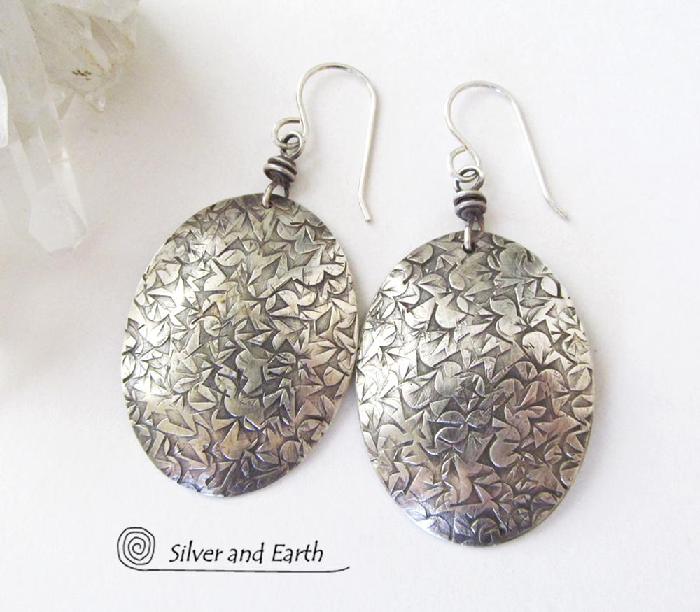 Sterling Silver Oval Dangle Earrings with Intricate Hand Stamped Texture