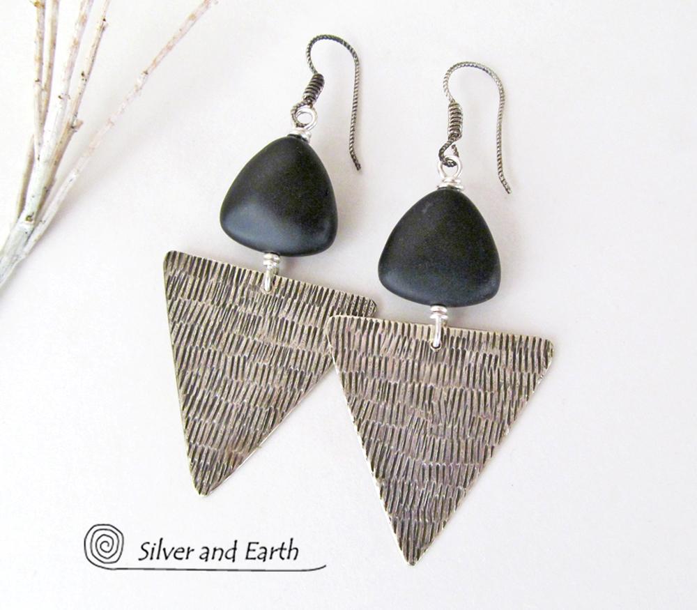 Sterling Silver Triangle Earrings with Black Onyx - Modern Silver Jewelry