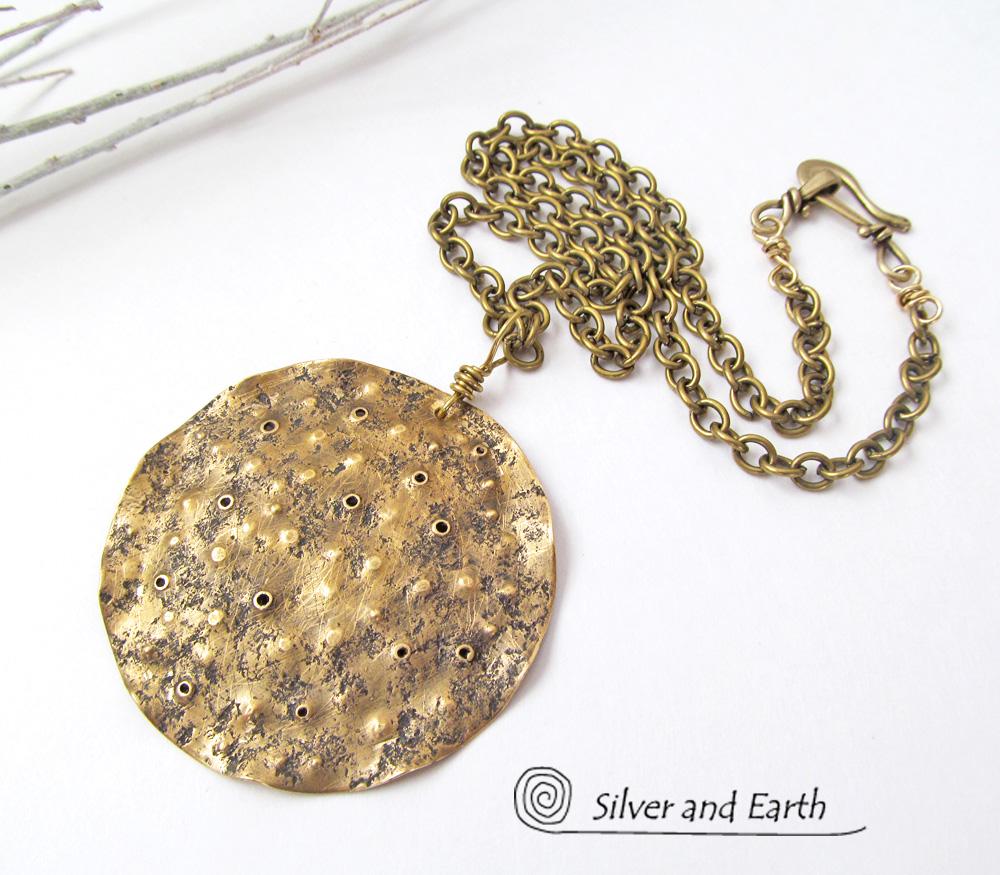 Gold Brass Medallion Pendant Necklace with Hammered Organic Texture