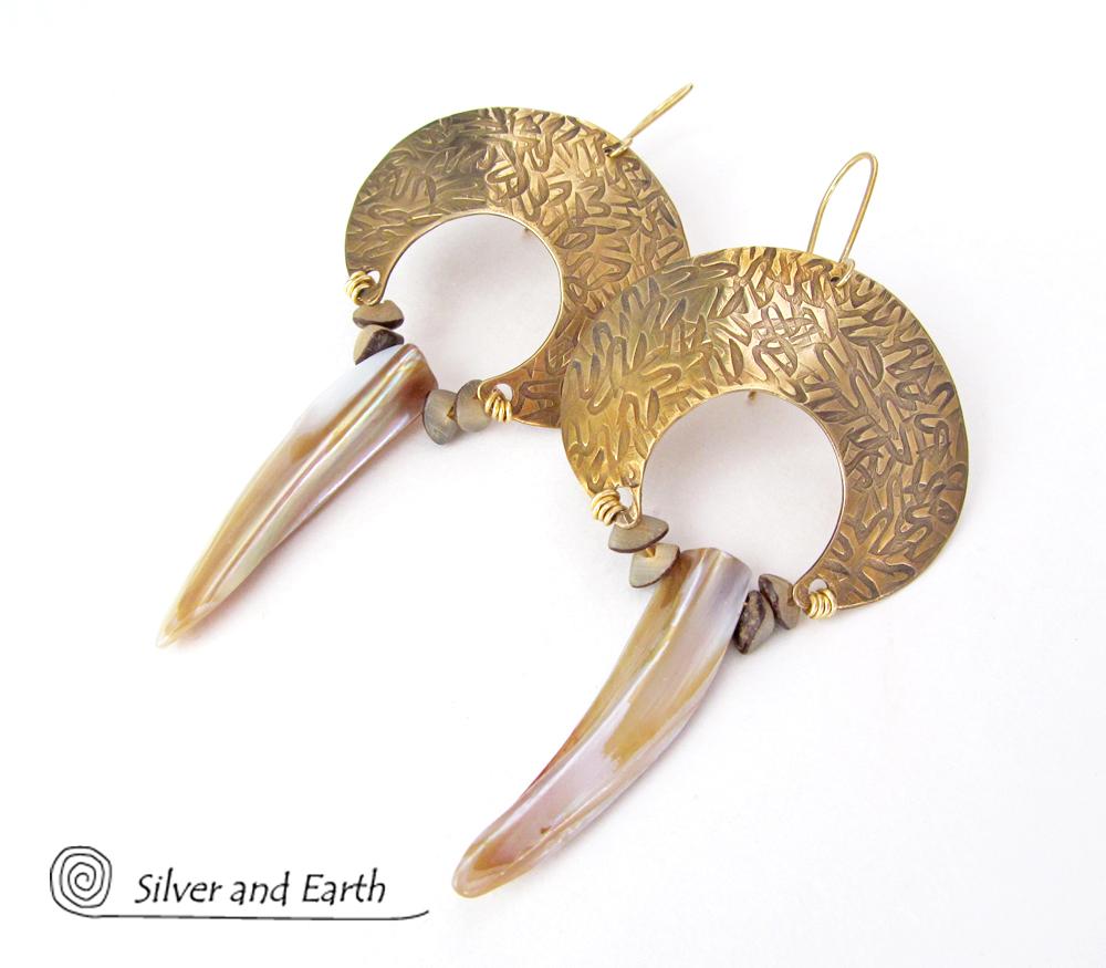 Large Gold Brass Earrings with Mother of Pearl Spikes - Bold Exotic Jewelry