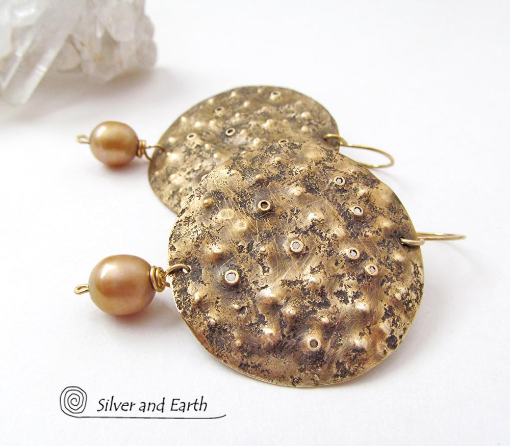 Large Gold Brass Earrings with Pearl Dangles - Earthy Organic Modern Jewelry