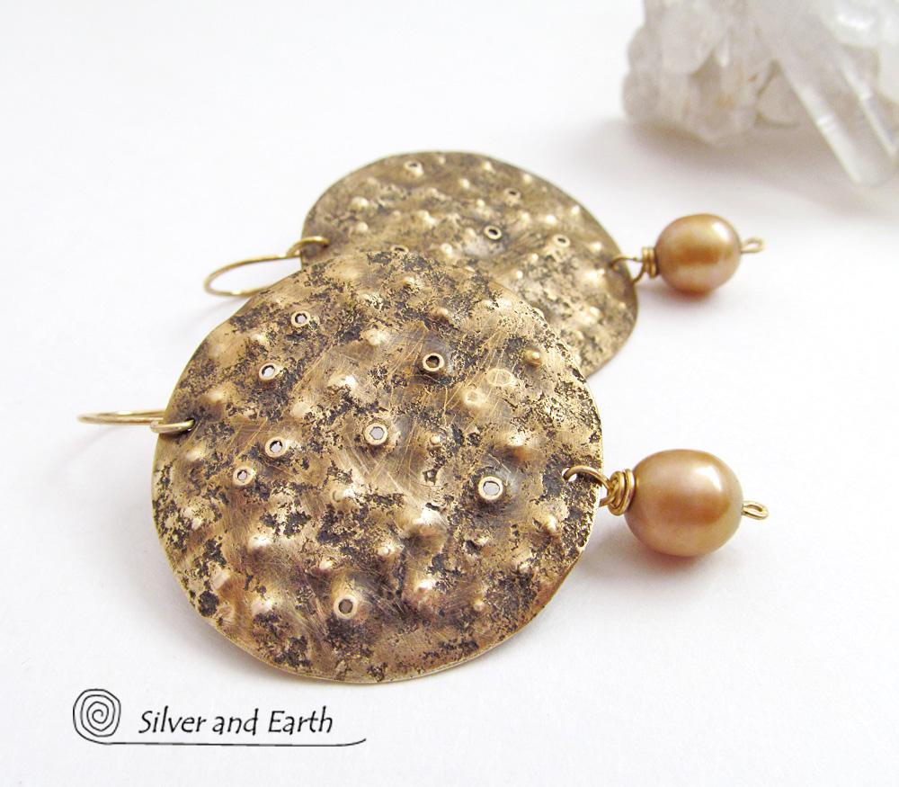 Large Gold Brass Earrings with Pearl Dangles - Earthy Organic Modern Jewelry