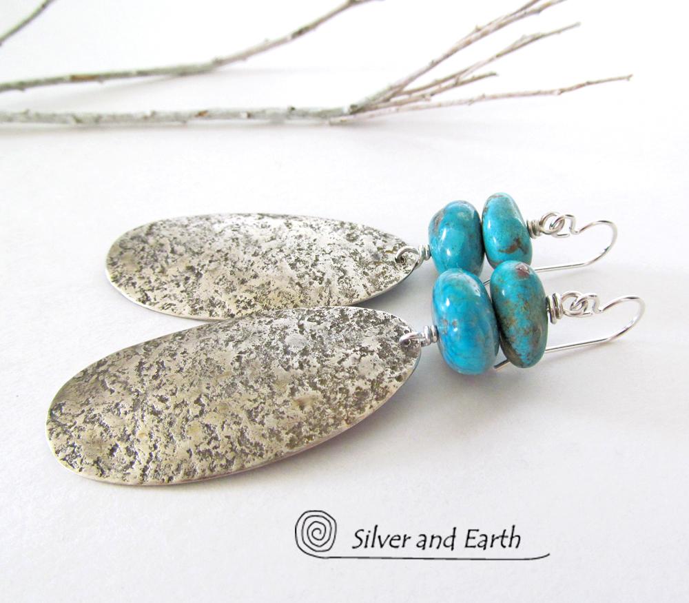 Big Long Sterling Silver & Turquoise Earrings - Artisan Sterling Silver Jewelry