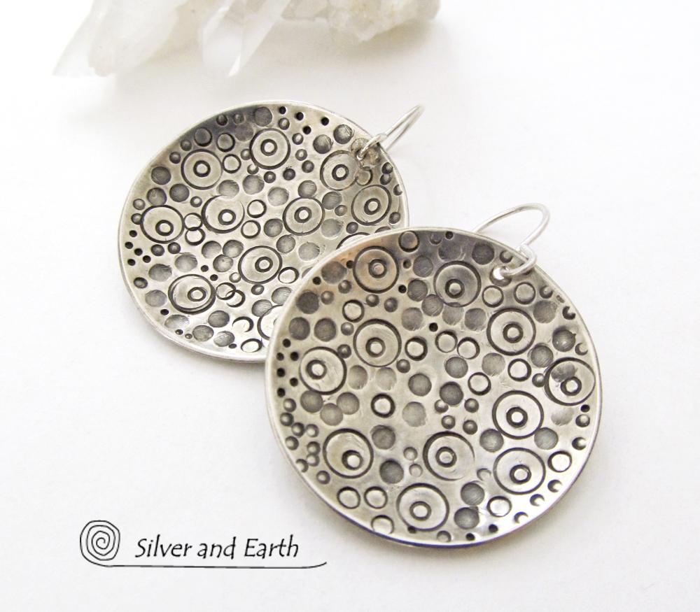 Sterling Silver Dangle Earrings with Intricate Hand Stamped Design