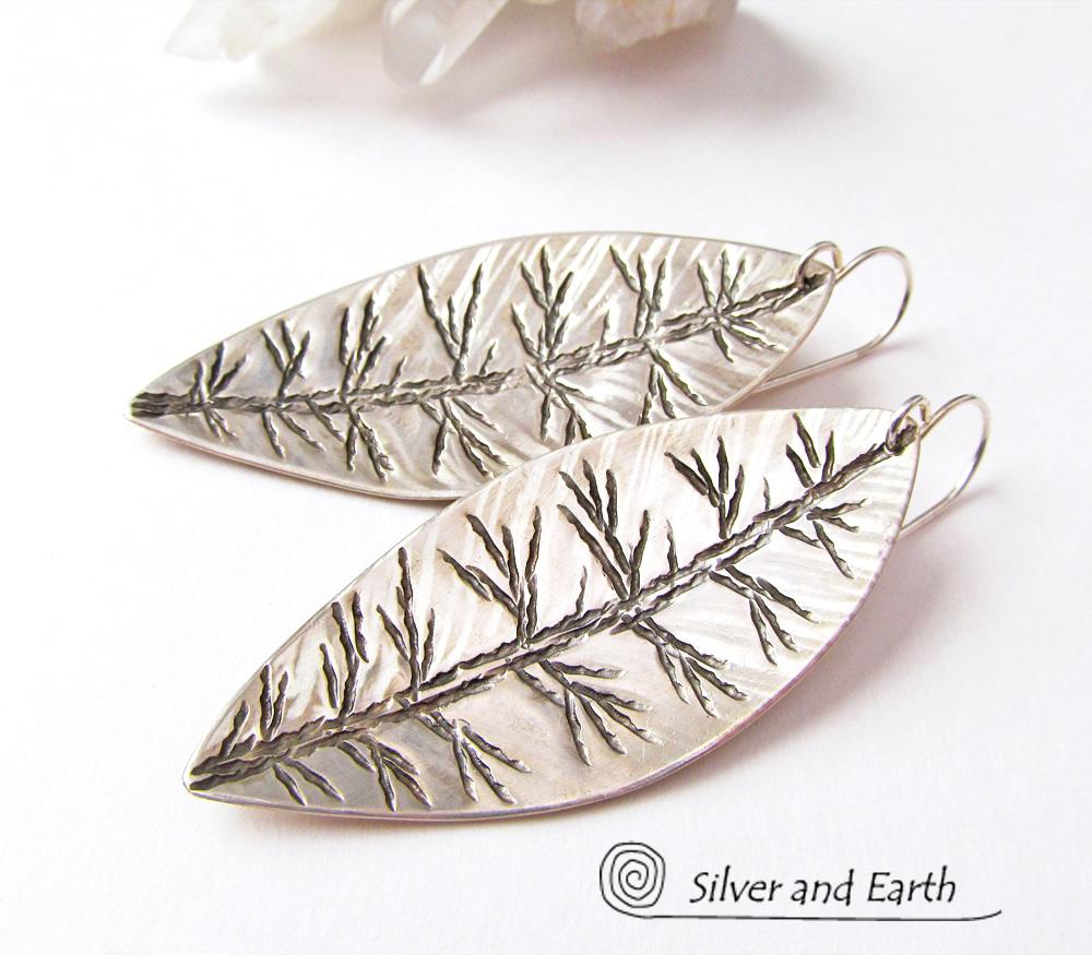 Sterling Silver Leaf Earrings - Modern Contemporary Nature Jewelry