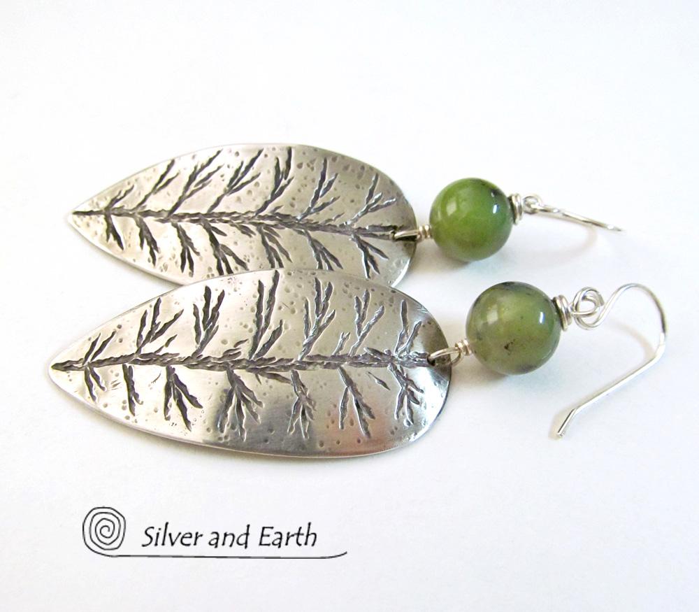 Sterling Silver Leaf Earrings with Green Jade Stones - Earthy Nature Jewelry