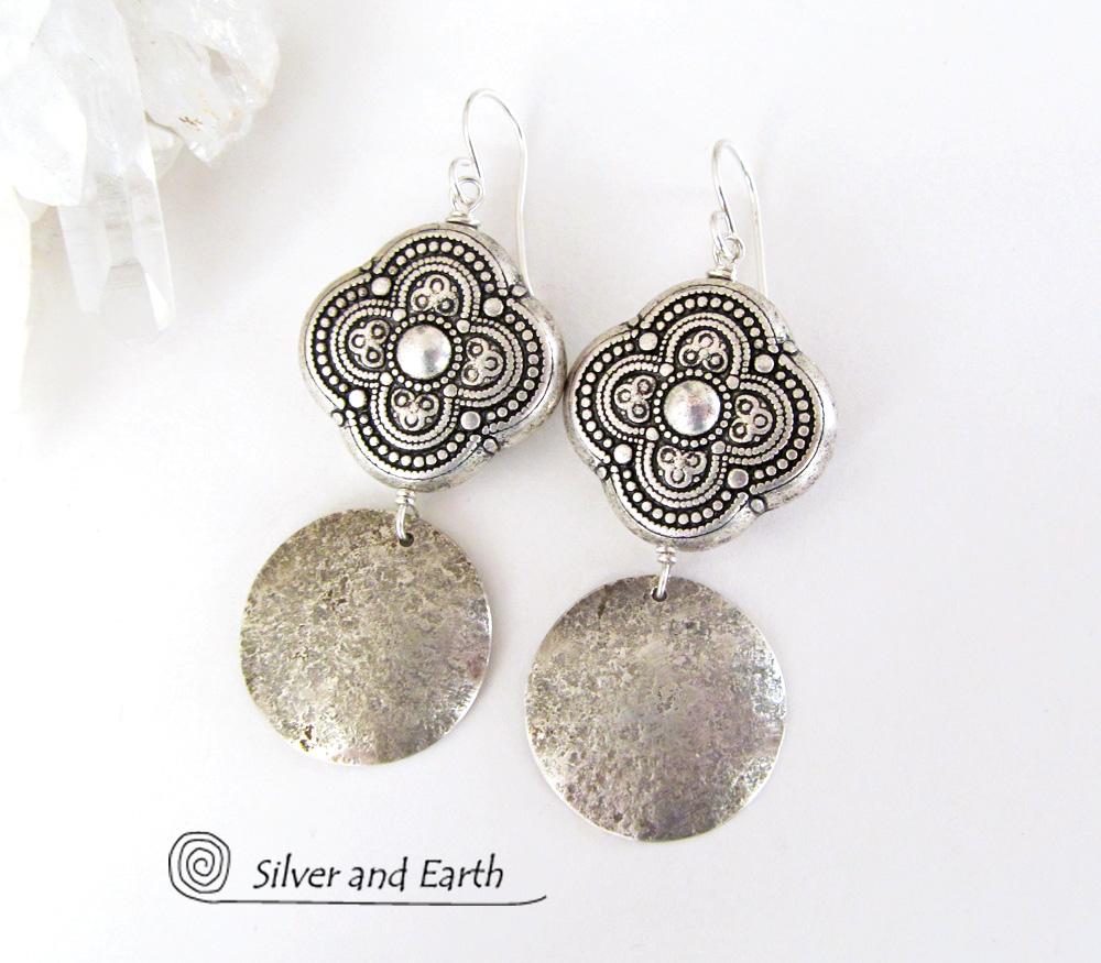 Sterling Silver Dangle Earrings with Moroccan Style Beads - Ornate Exotic Silver Jewelry