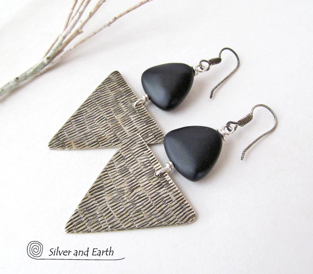 Sterling Silver Triangle Earrings with Black Onyx - Modern Silver Jewelry