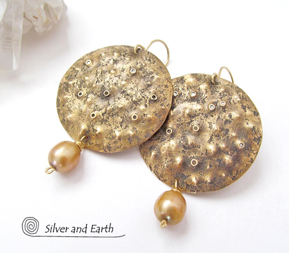 Large Gold Brass Earrings with Pearl Dangles - Earthy Organic Modern Jewelry