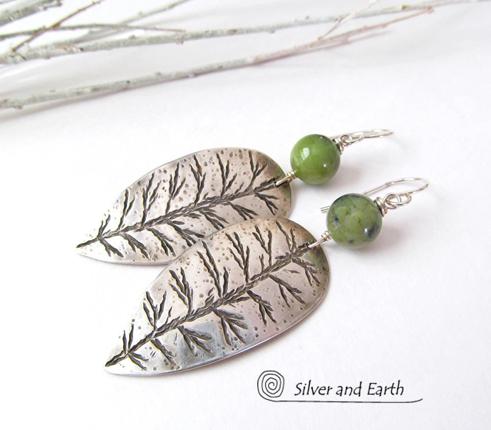 Sterling Silver Leaf Earrings with Green Jade Stones - Earthy Nature Jewelry