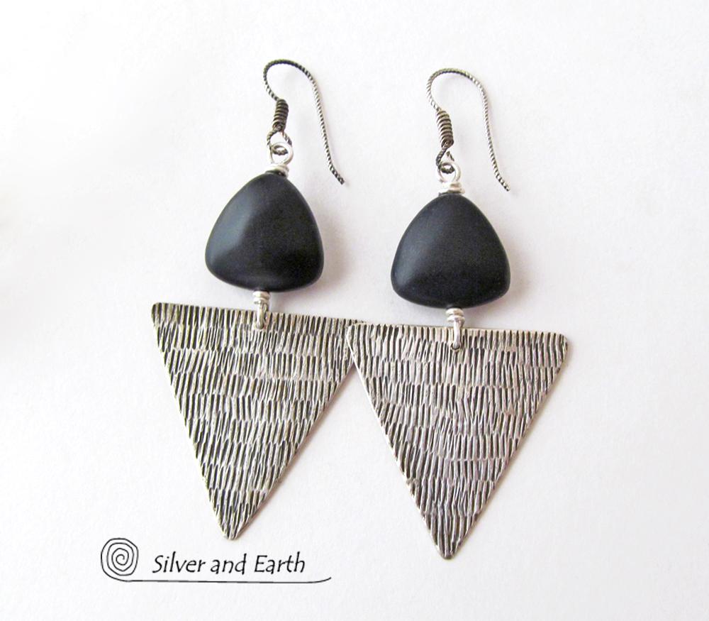 Sterling Silver Triangle Earrings with Black Onyx - Modern Silver Jewelry