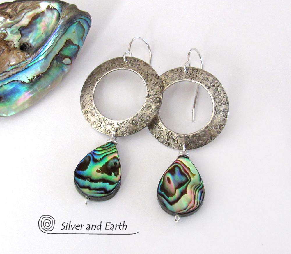 Sterling Silver Hoop Earrings with Dangling Abalone Shells - Paua Shell Jewelry