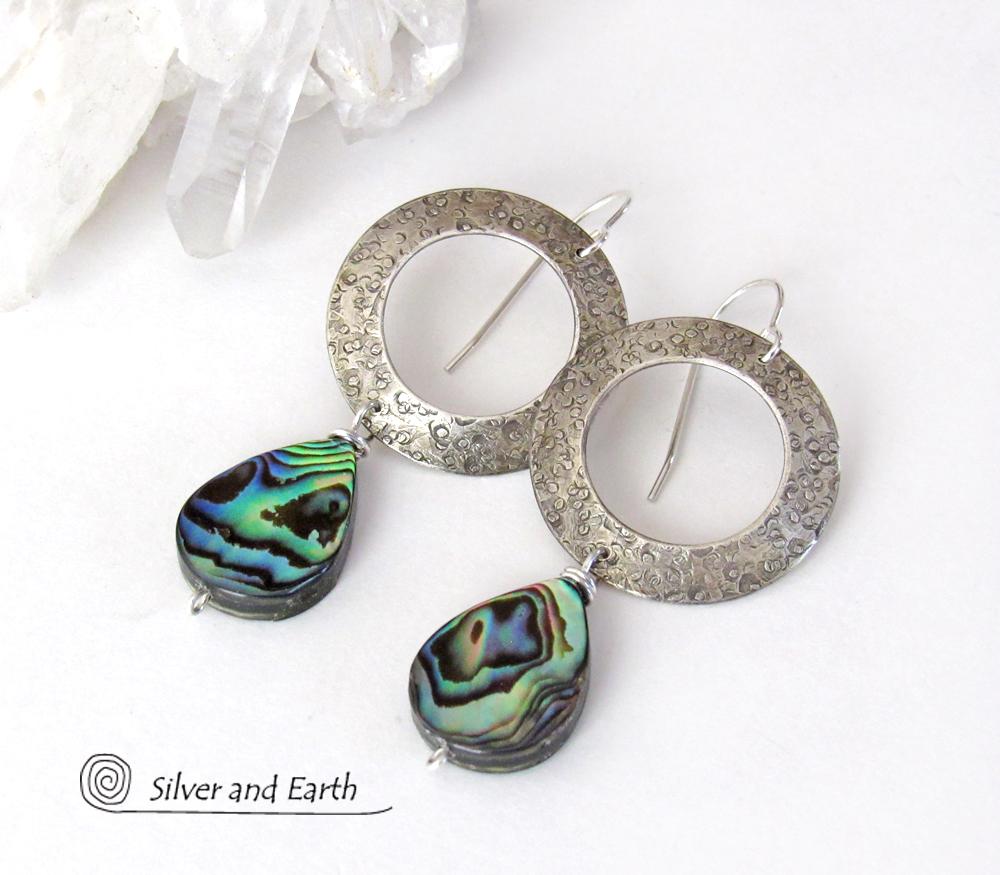 Sterling Silver Hoop Earrings with Dangling Abalone Shells - Paua Shell Jewelry