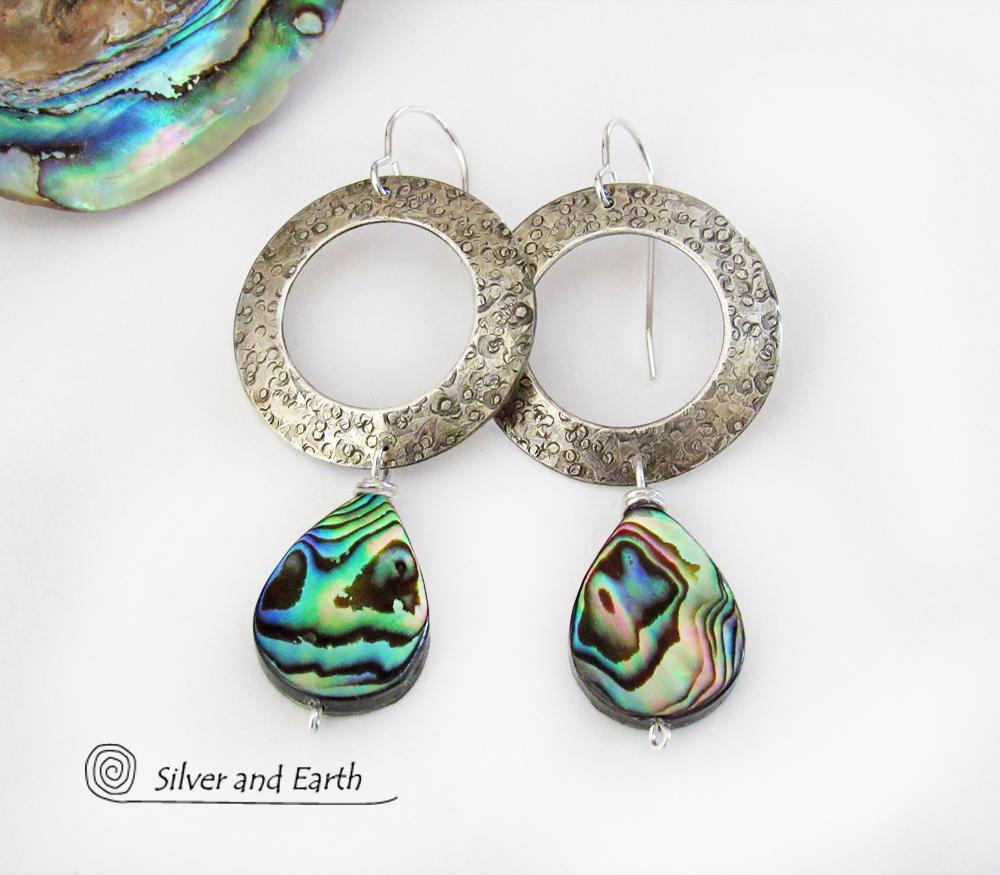 Sterling Silver Hoop Earrings with Dangling Abalone Shells - Paua Shell Jewelry