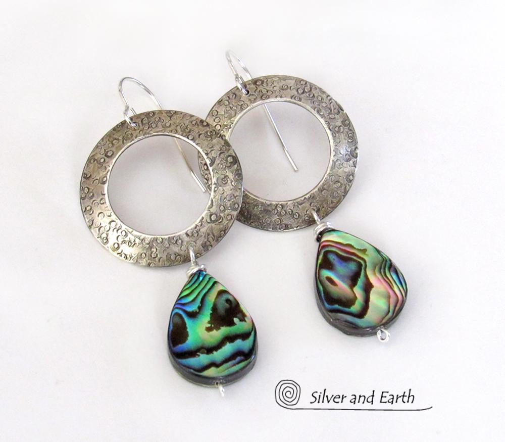Sterling Silver Hoop Earrings with Dangling Abalone Shells - Paua Shell Jewelry